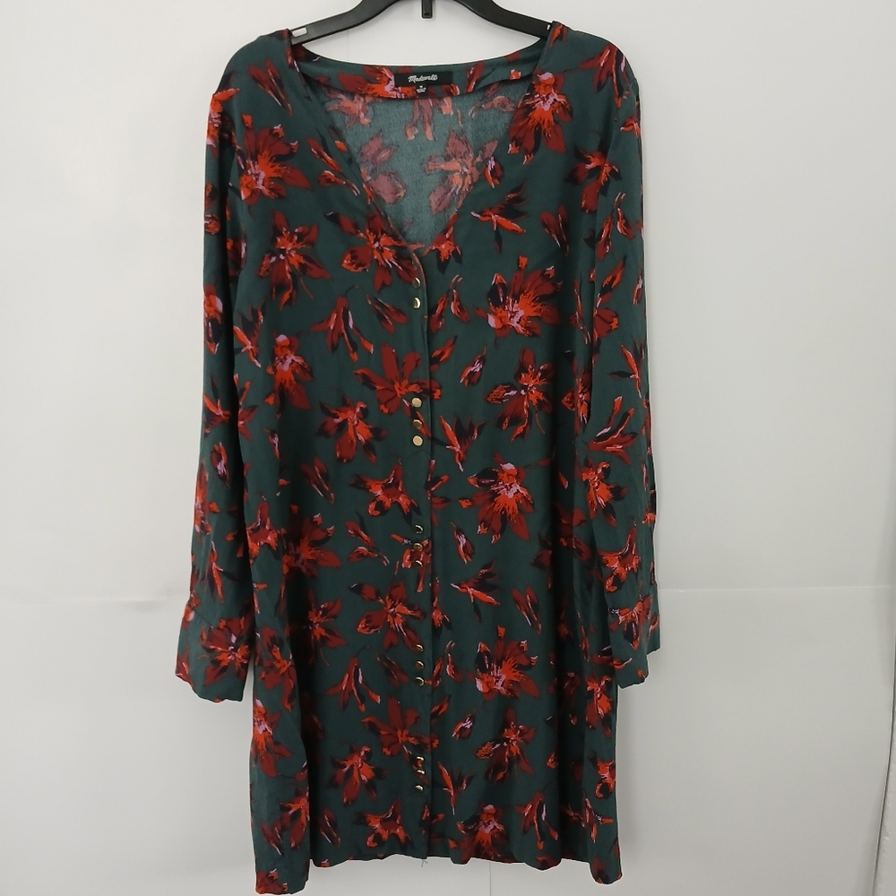 Madewell, Green Floral Button Front Easy Tunic Mini Dress, Women's Size Medium